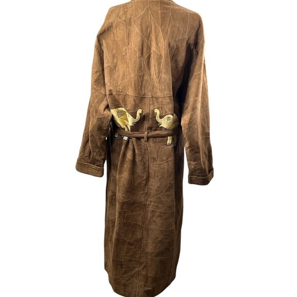 The African Star Long Suede Leather Coat Belted Embroidered Elephants XL Vintage - Picture 12 of 16